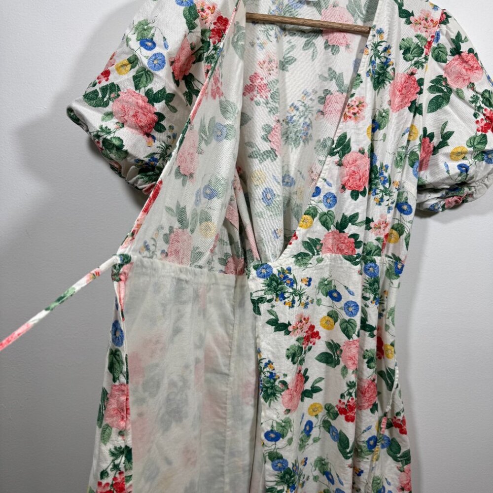 Old Navy Floral puff Sleeve Mini Wrapped Dress Women’s XL Linen Blend Cottage - Picture 5 of 10